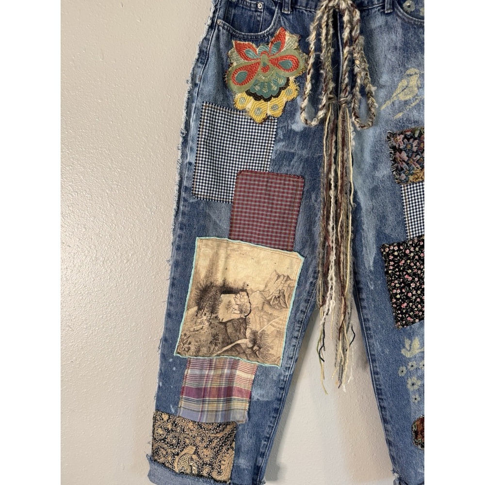 OOAK Reworked Patchwork Denim Jeans Whimsigoth Lagenlook Boho Distressed Sz 29 - Picture 3 of 10